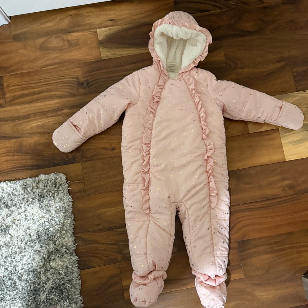 First Impressions Baby Girl Pink Star Snowsuit Hooded Sherpa Lined 24 Months - Picture 2 of 9